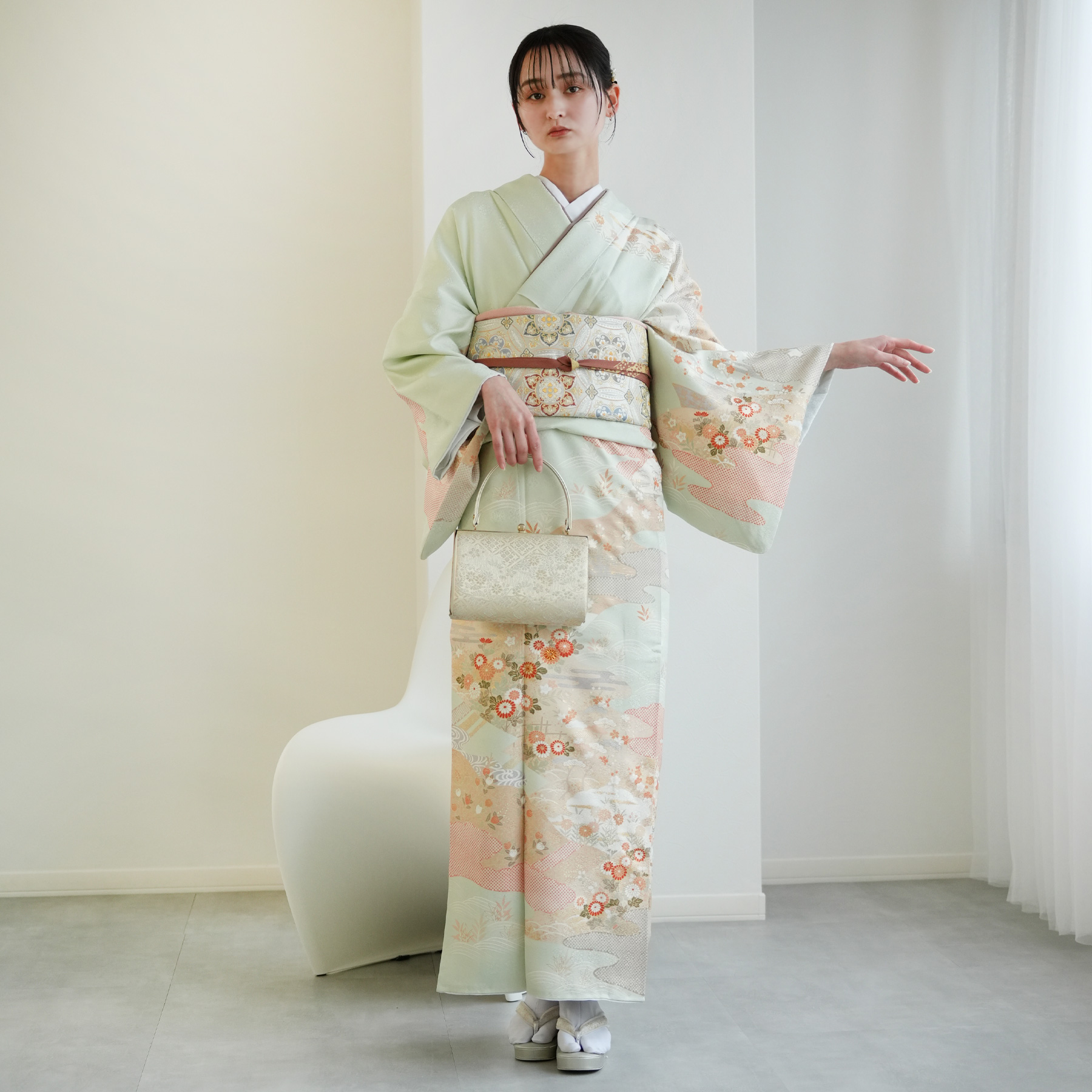 レンタル 訪問着 おしゃれ フルセット 淡いグリーンに小菊古典柄 結婚 