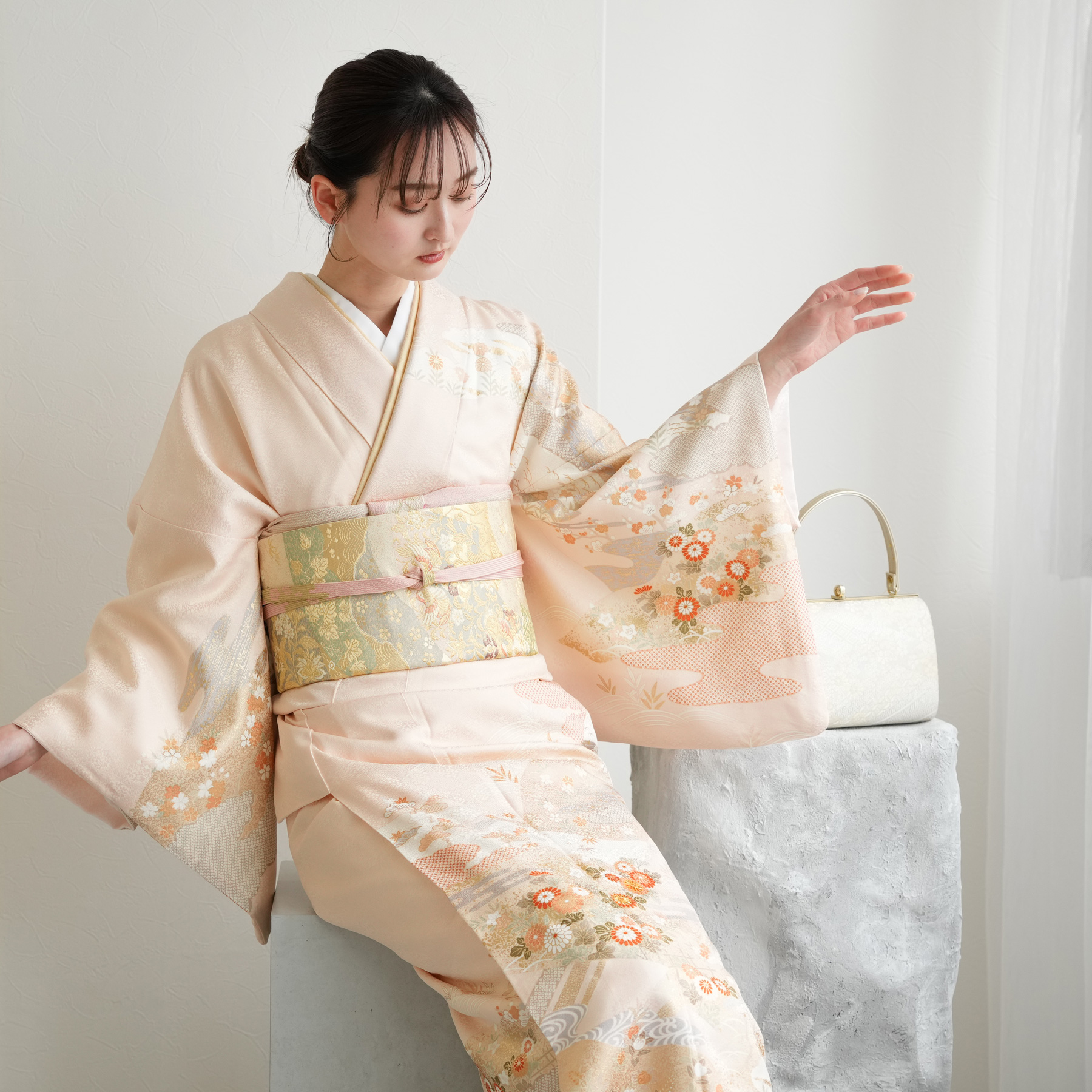 レンタル 訪問着 おしゃれ フルセット 上品薄ピンクに古典花々 結婚式