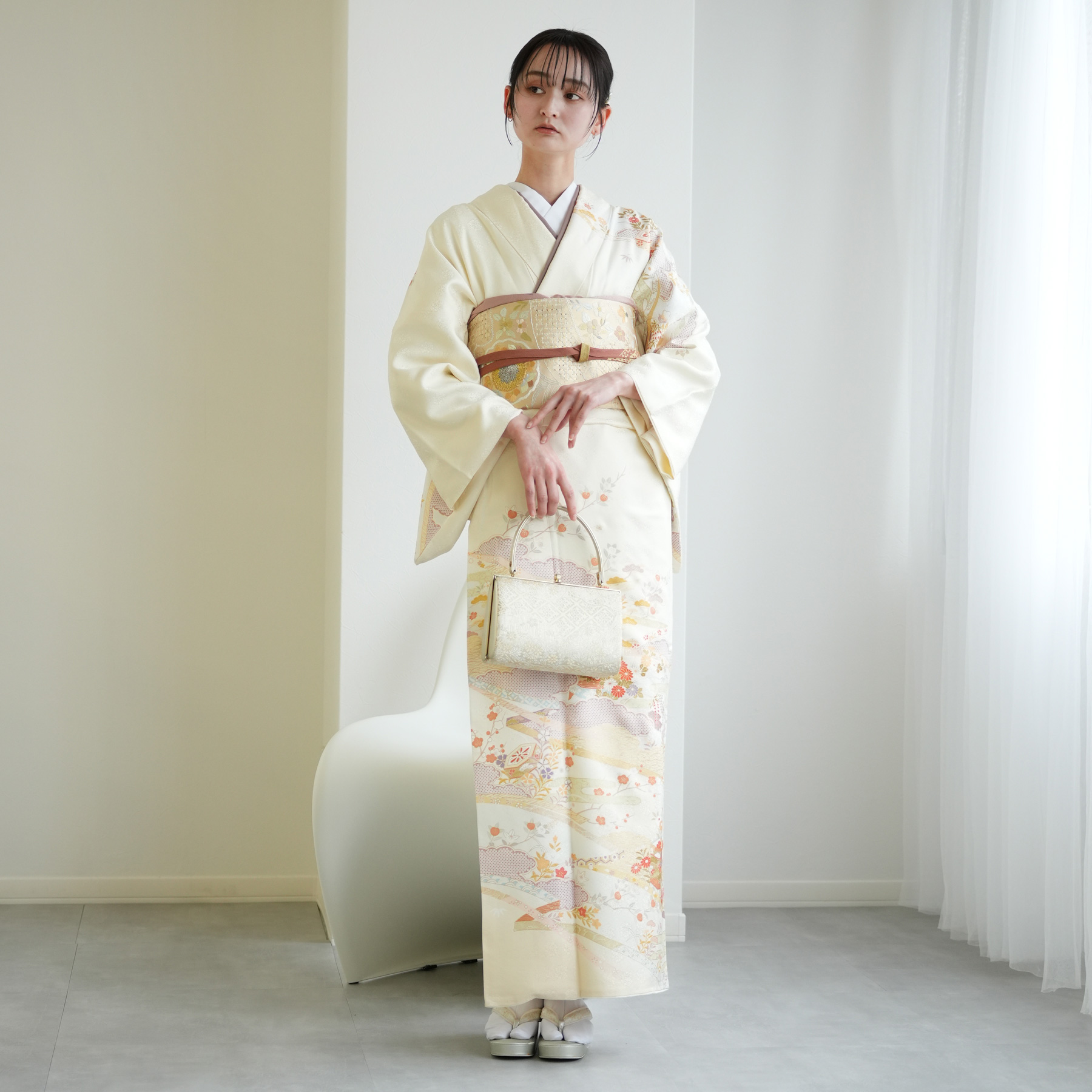 訪問着フルセット　小豆色　貝桶　入学式　卒業式　結婚式　訪問着セット レンタル 訪問着 おしゃれ フルセット クリームイエローに古典貝桶