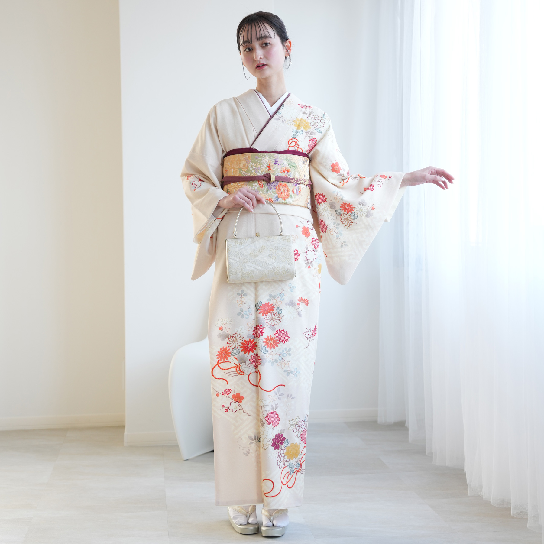 レンタル 訪問着 おしゃれ フルセット JAPAN STYLE 着物 花 ベージュ系