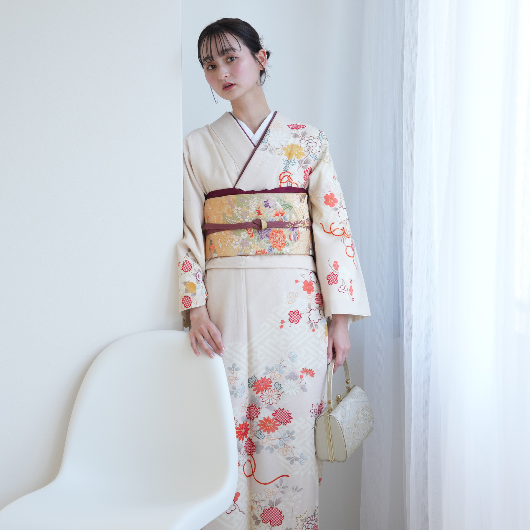 訪問着 レンタル おしゃれ 20点セット JAPAN STYLE 着物 花 ベージュ系