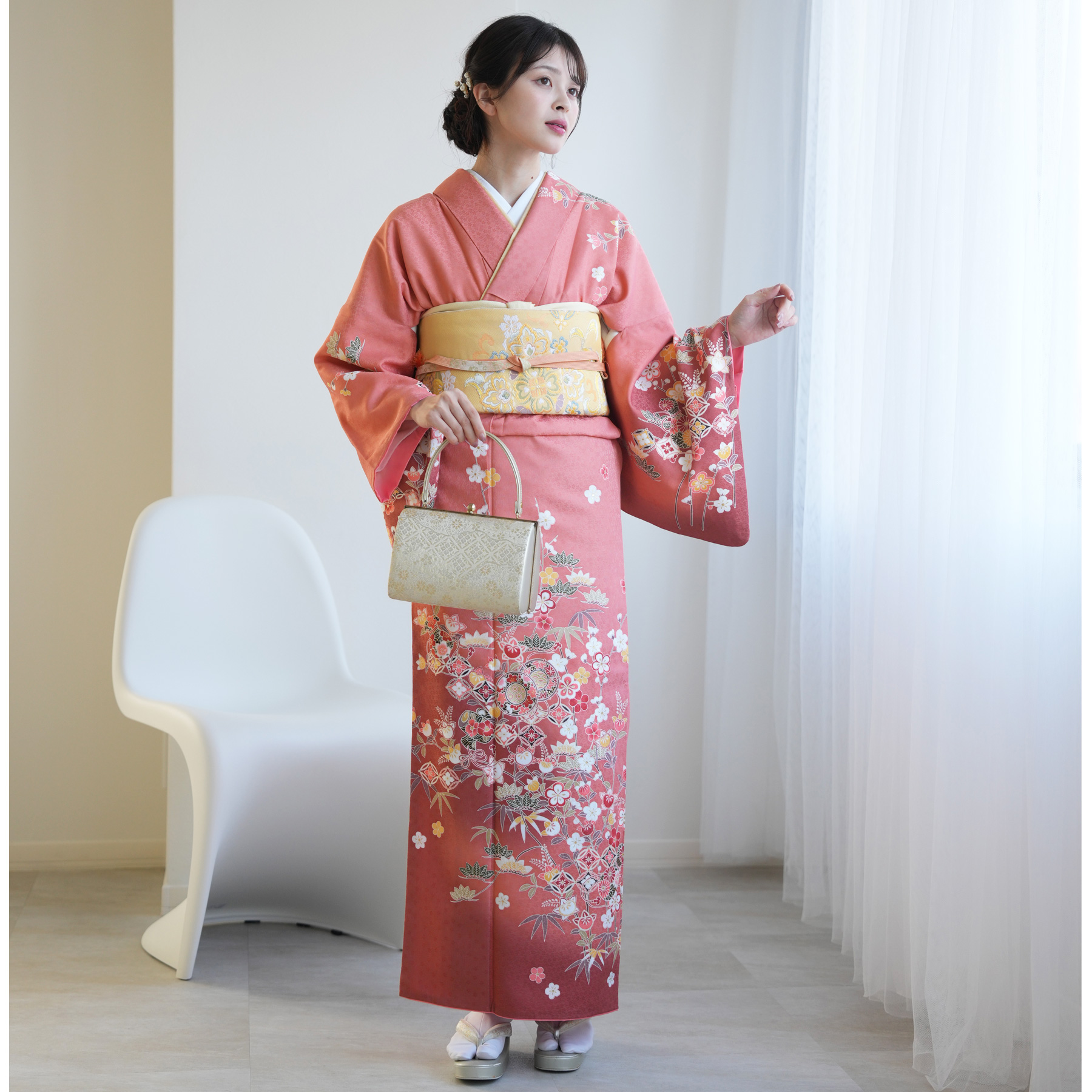 ふりふ　アンティーク柄　単着物ポリエステル　豆千代モダン好きにも　コーラルピンク 訪問着 レンタル おしゃれ 20点フルセット コーラルピンクにはんなり