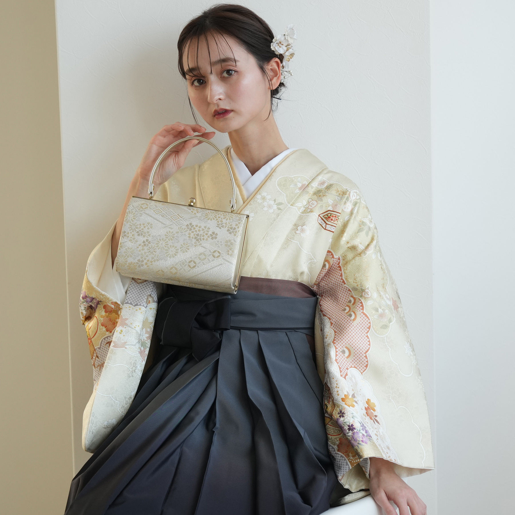 袴 レンタル 先生 訪問着 18点セット 薄黄色に貝桶と古典柄 着物 フル 