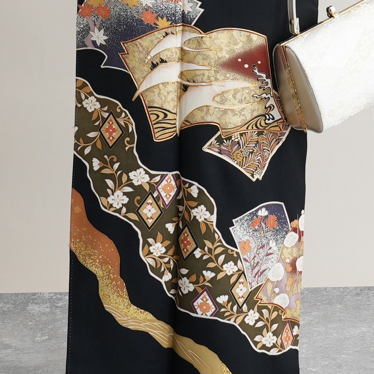 作家物　ゆったり3Lの縁起の良い合わせ貝と 四季の花々の美しい黒留袖フルセット レンタル】黒留袖 着物セット きもの フォーマル 高級 正絹 結婚