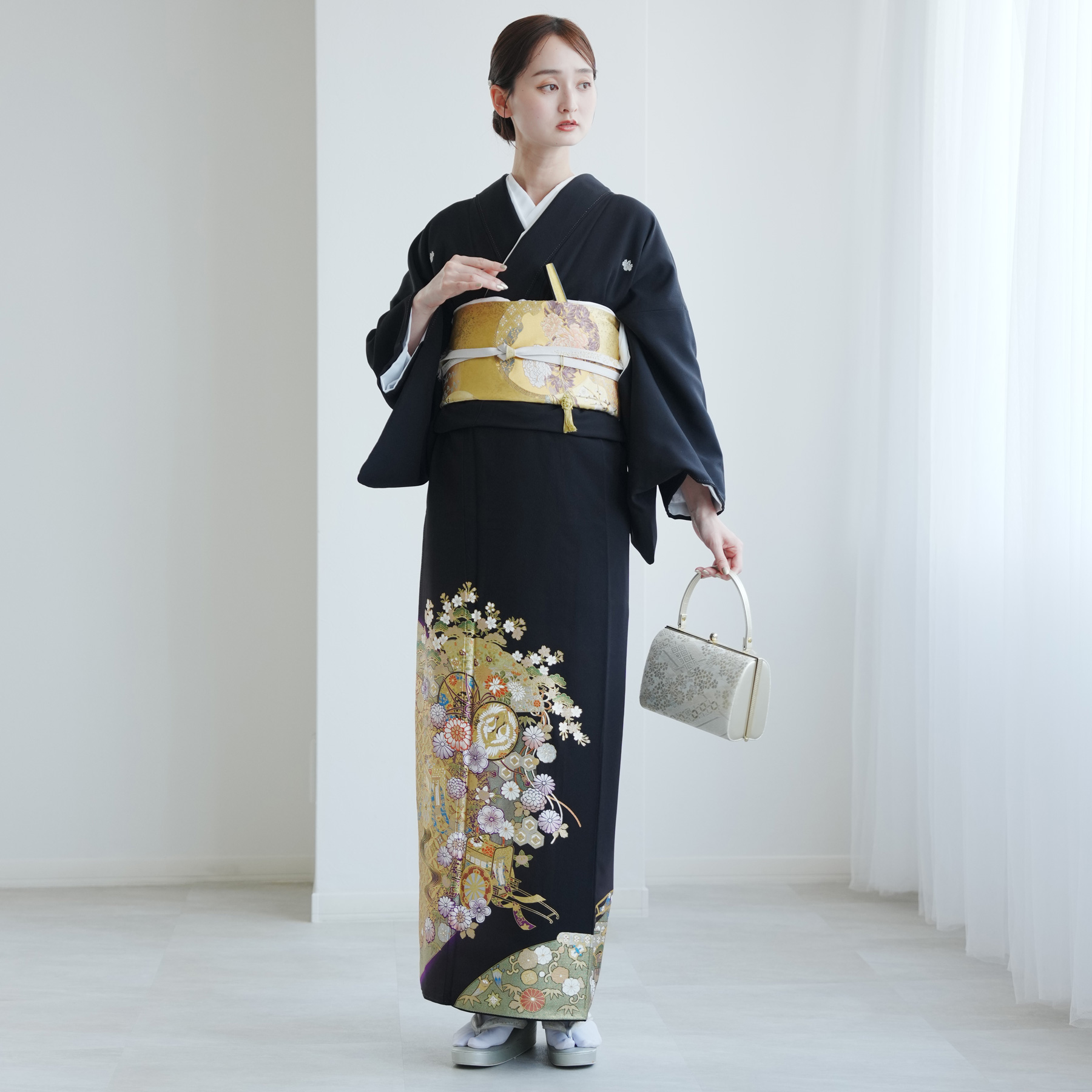 黒留袖　お祝い　結婚式　着物　黒　ゴールド　鶴　帯セット YUMI KATSURA（ユミカツラ） レンタル 黒留袖 桂由美 20点フルセット