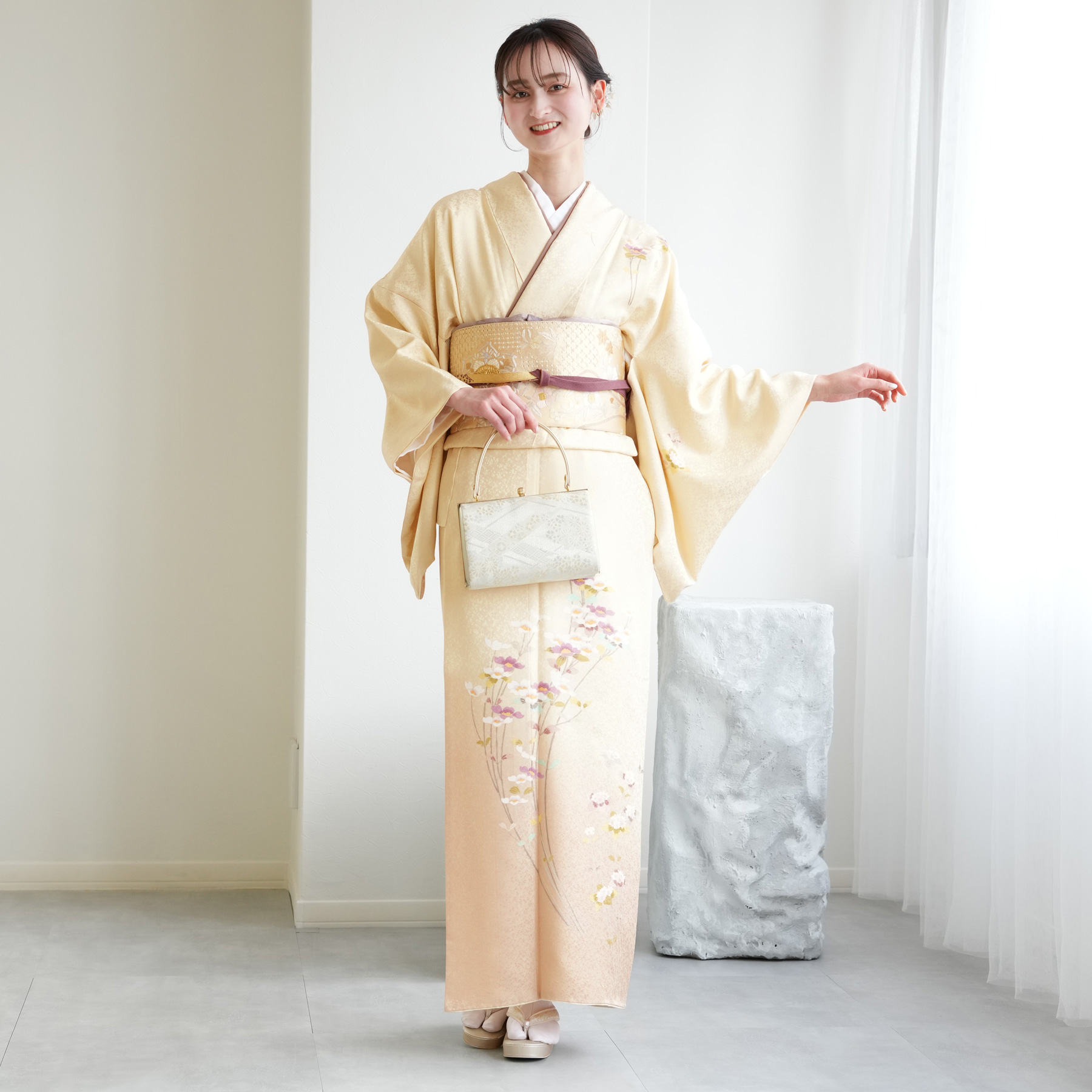 レンタル 附下訪問着 20点フルセット クリーム地に薄紅のぼかし 付け