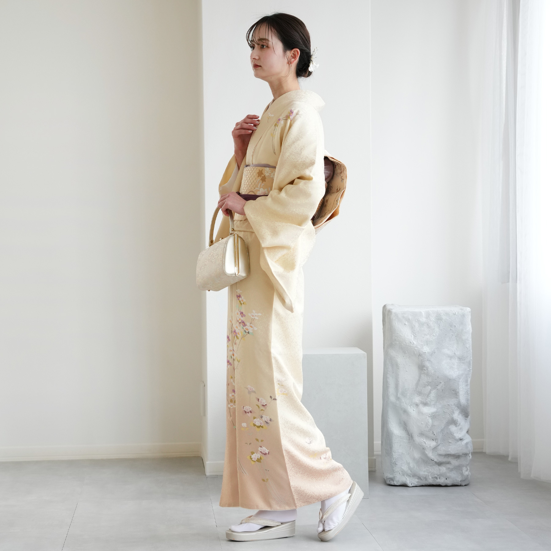 レンタル 附下訪問着 20点フルセット クリーム地に薄紅のぼかし 付け