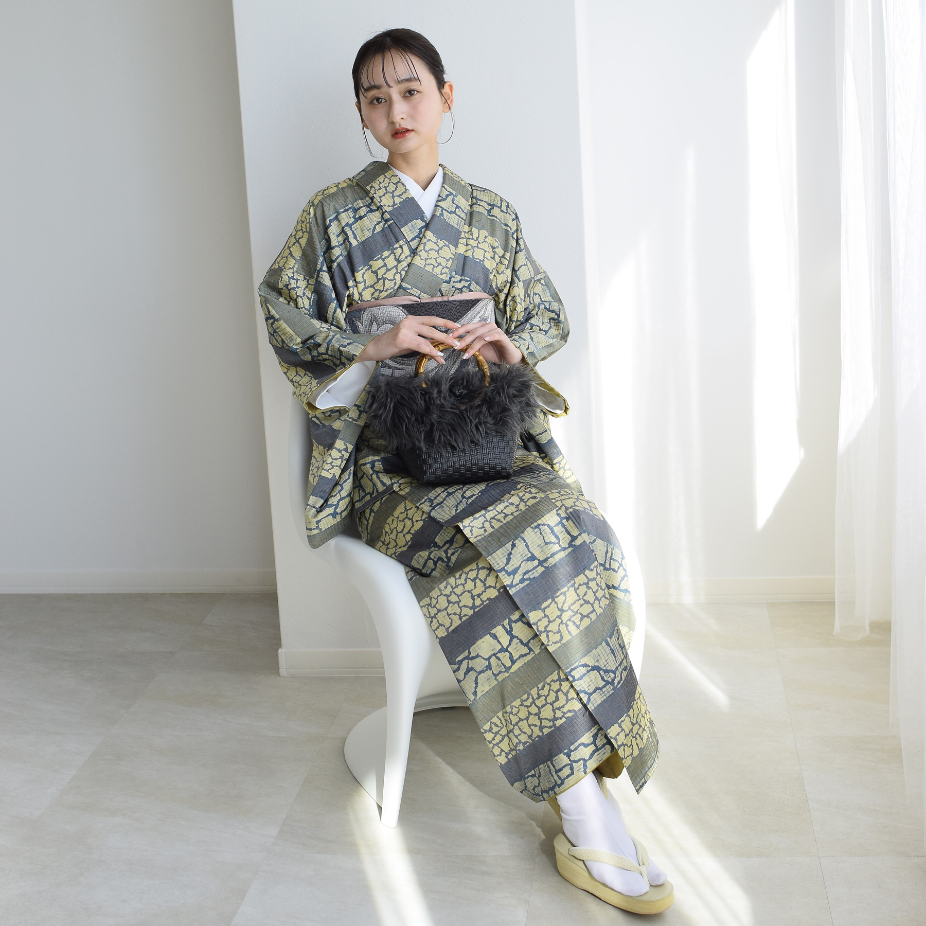 単衣　着物　紬　夏　正絹　ドット　可愛い　爽やか　ベージュ　k5 格子柄 単衣紬 ベージュ×紺［K157］ | kimono ulala