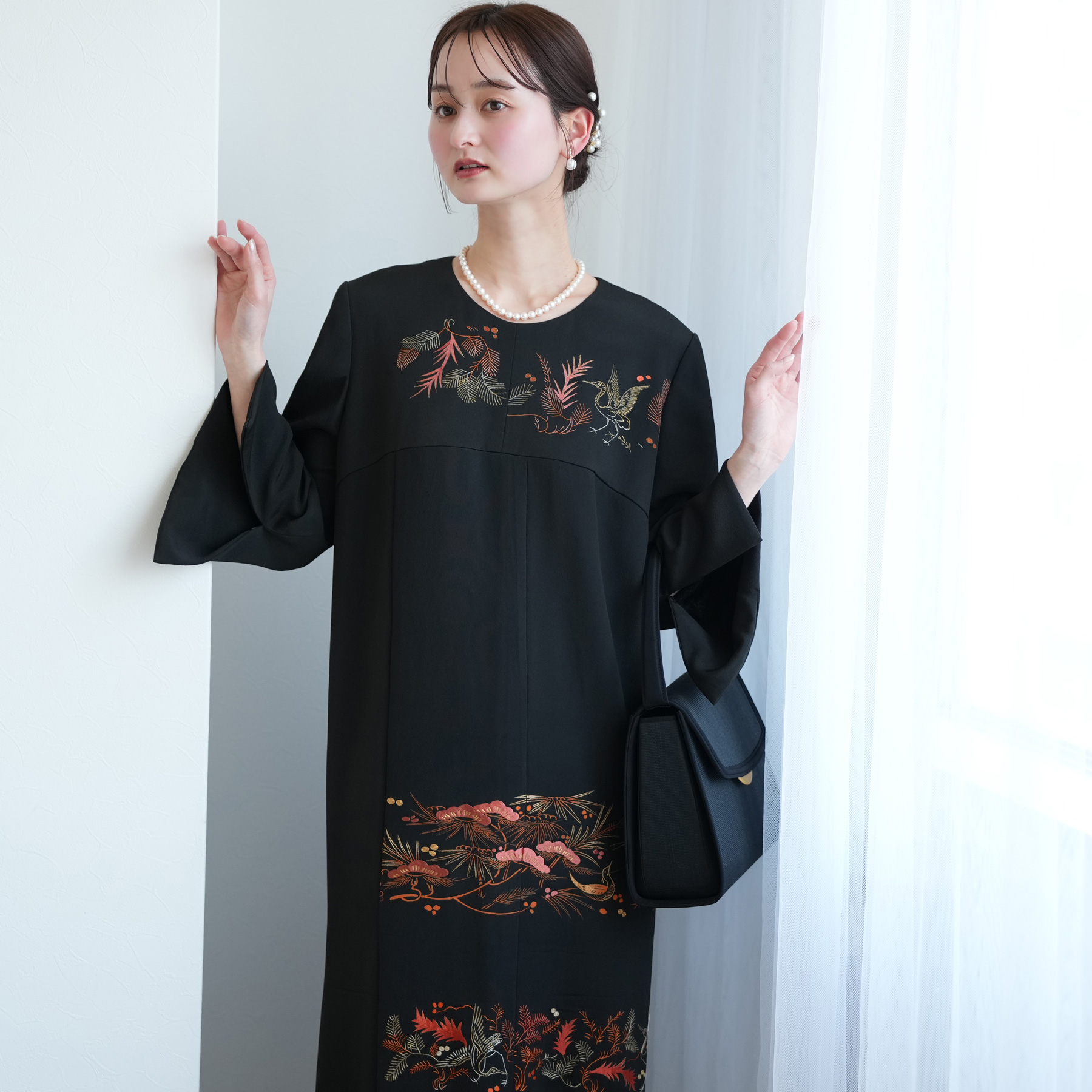 レンタル ドレス 単品 フリーサイズ 朱赤の松鶴文様 ワンピース