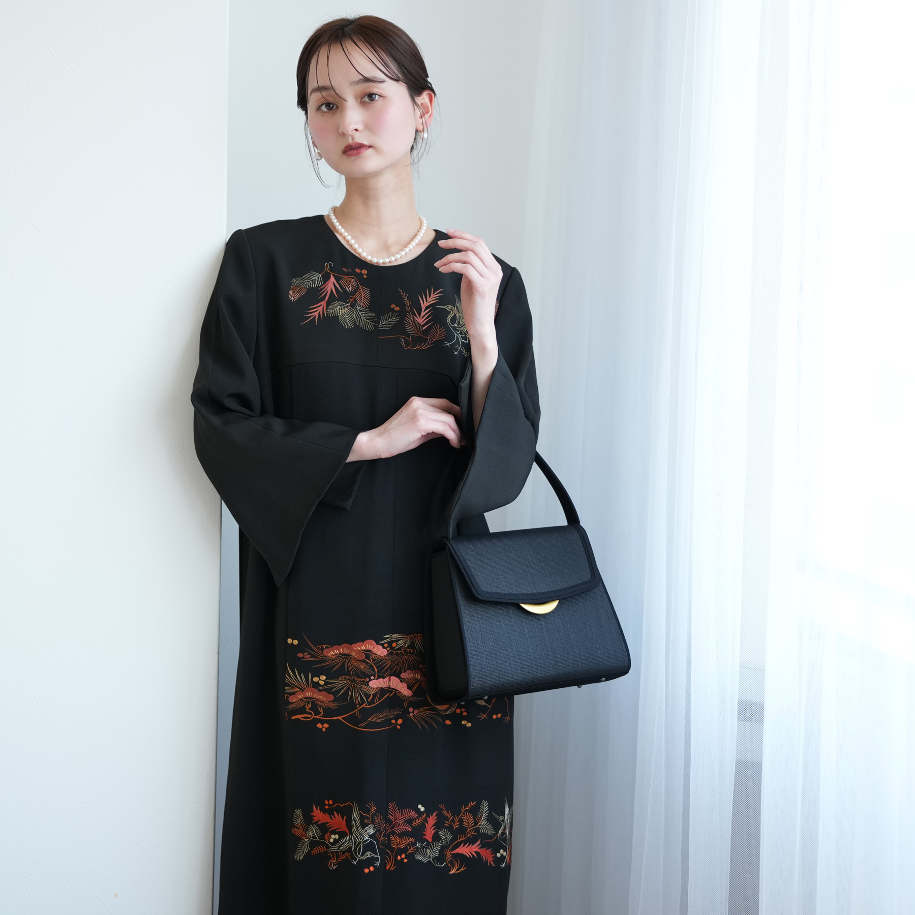 レンタル ドレス 単品 フリーサイズ 朱赤の松鶴文様 ワンピース