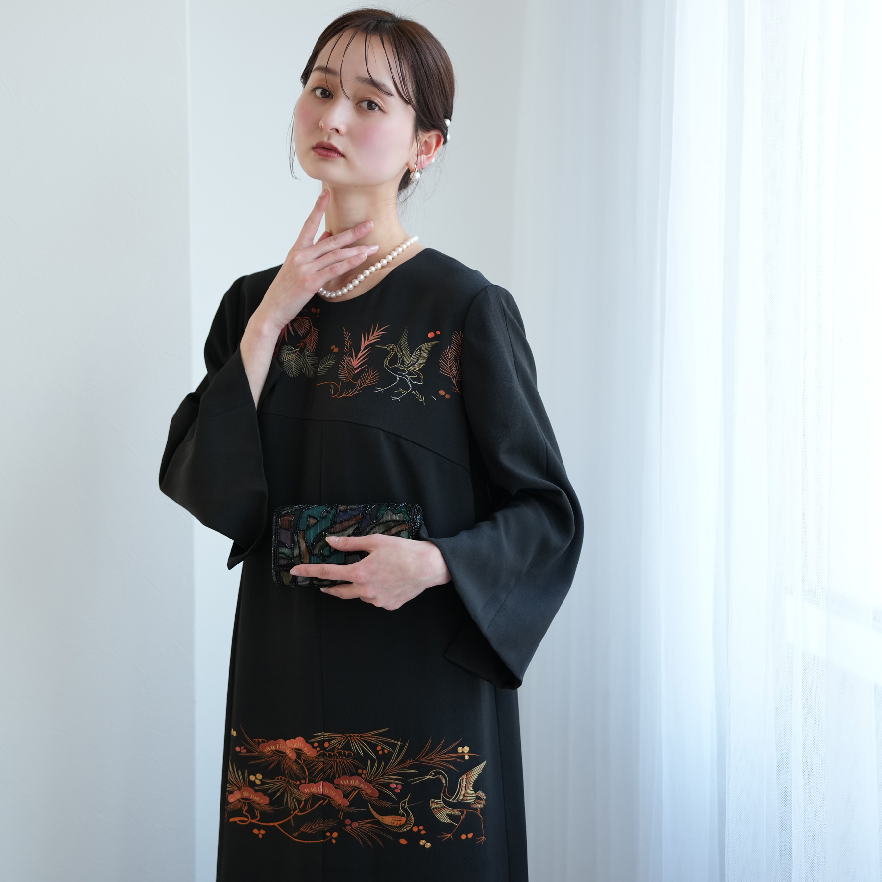 レンタル ドレス 単品 フリーサイズ 朱赤の松鶴文様 ワンピース