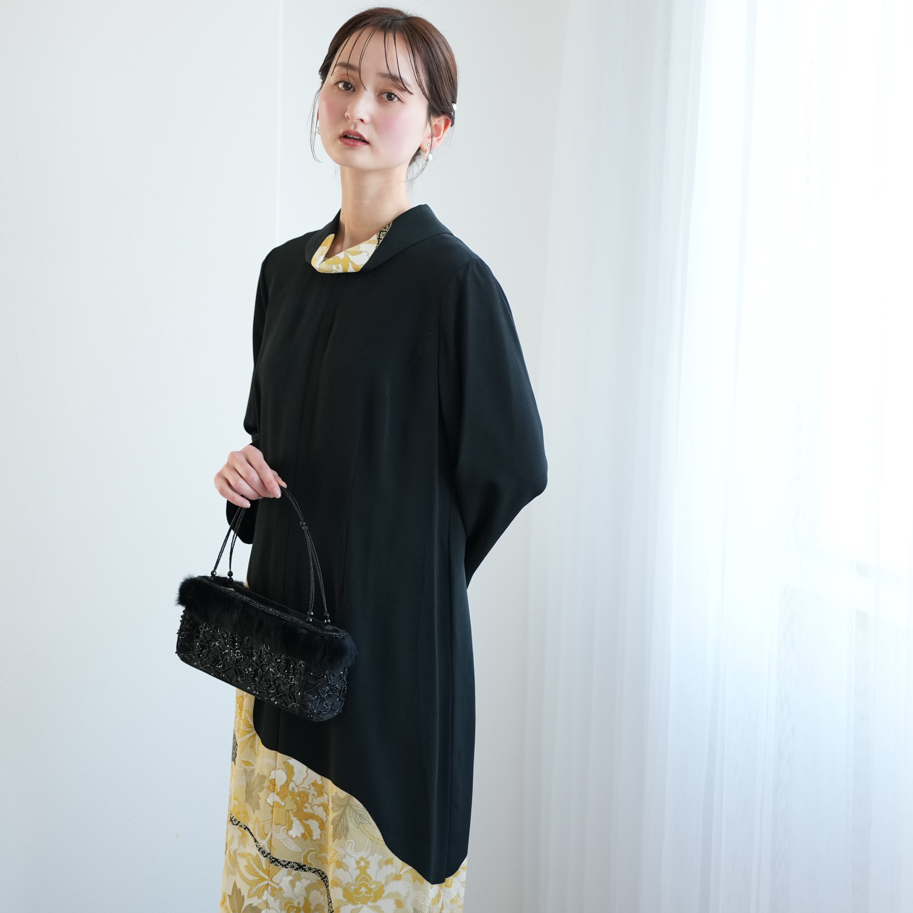 レンタル ドレス 単品 11号 金彩牡丹 ワンピース レディース フォーマル 着物ドレス 黒留袖 正絹 母 結婚式 二次会 演奏会 パーティー 黒 和柄 L相当_6