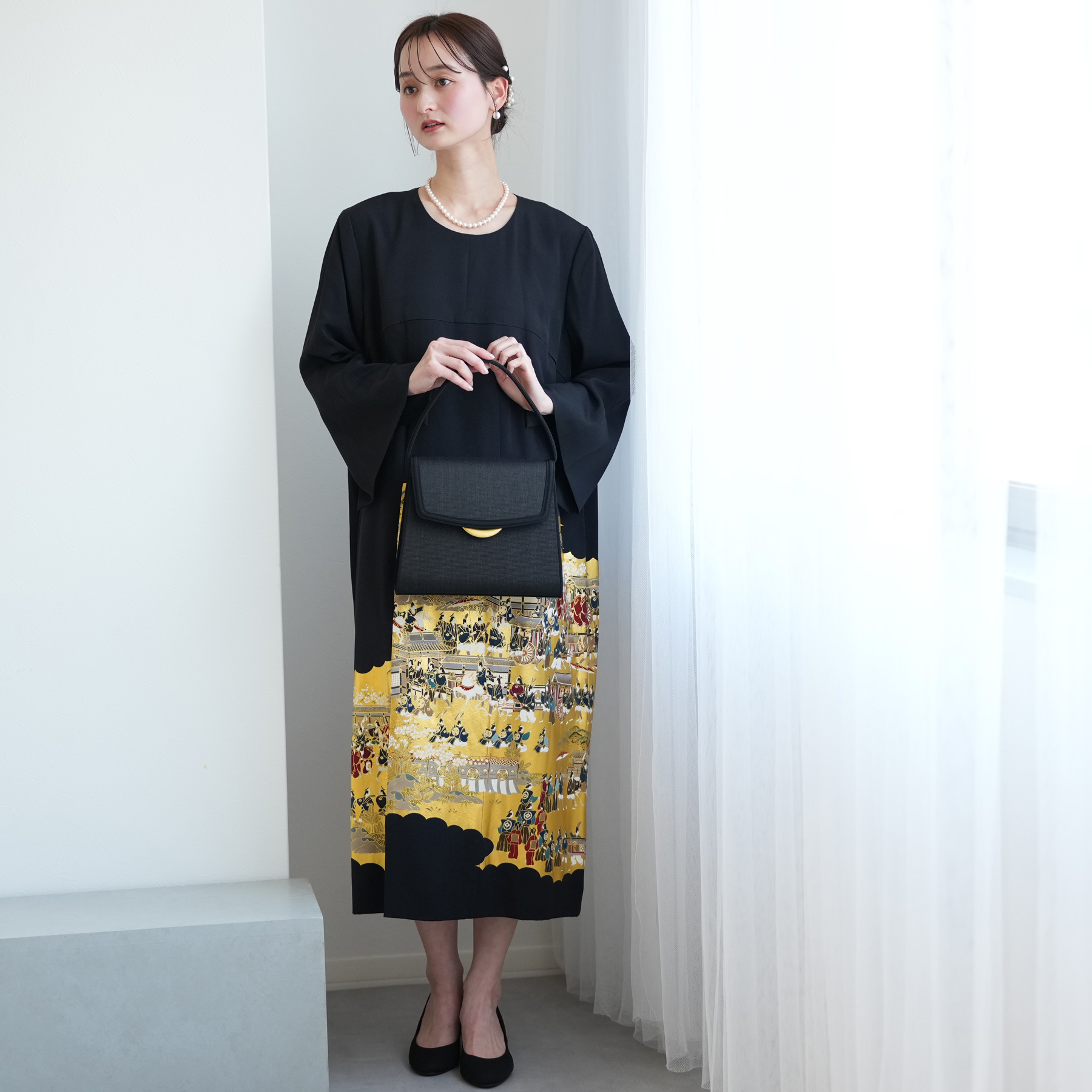 留袖ワンピース　3L/135　作家物/手描き/本金箔　アンブレラ袖　正絹 レンタル ドレス 単品 15号 金彩絵巻 ワンピース レディース
