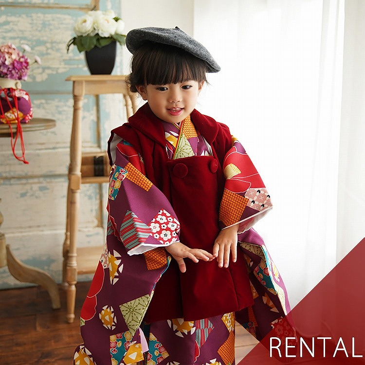 レンタル 七五三 3歳 女の子 フルセット ひよこ商店 レトロ 花柄 紫系 