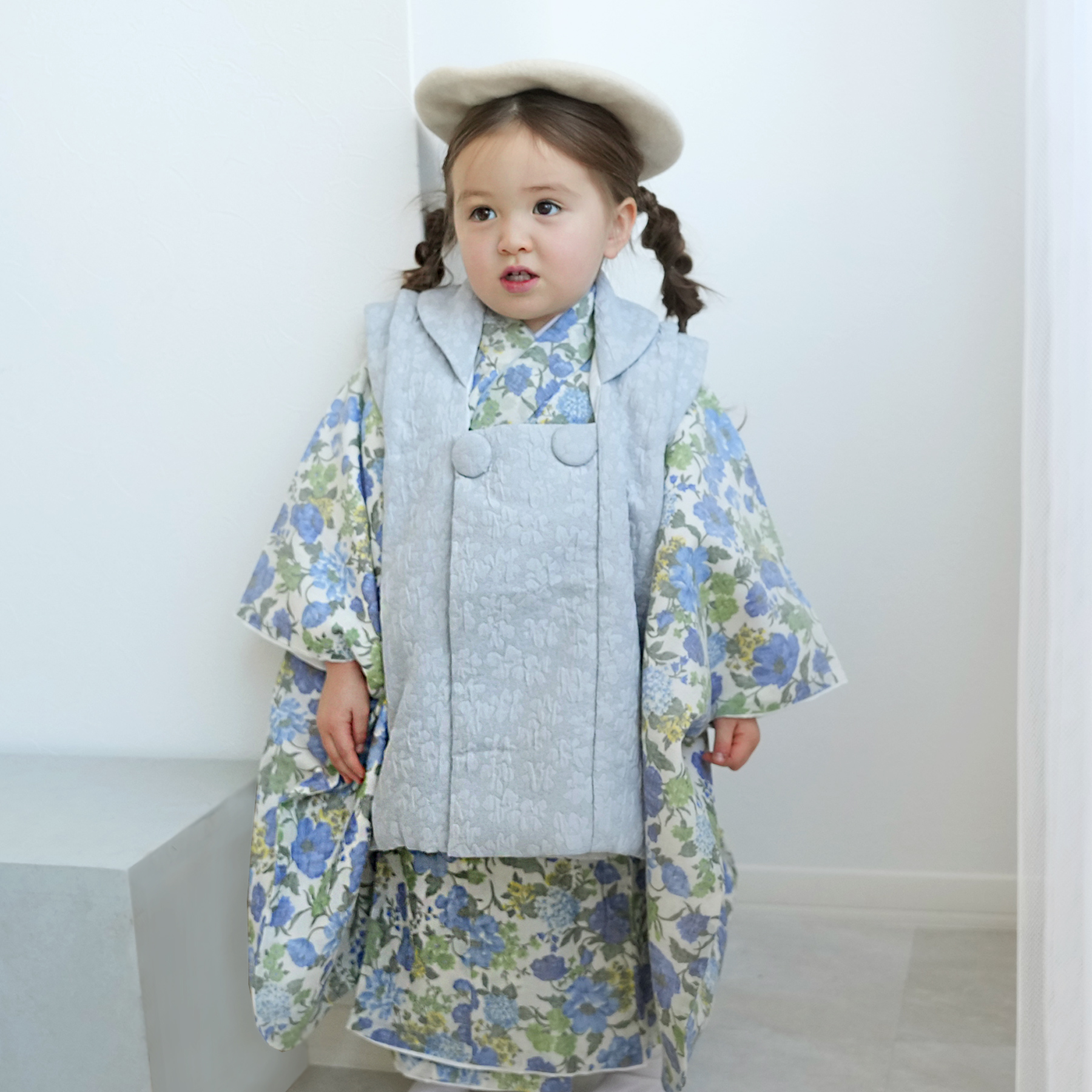 レンタル 七五三 3歳 女の子 被布 フルセット utatane レトロ 花柄 青
