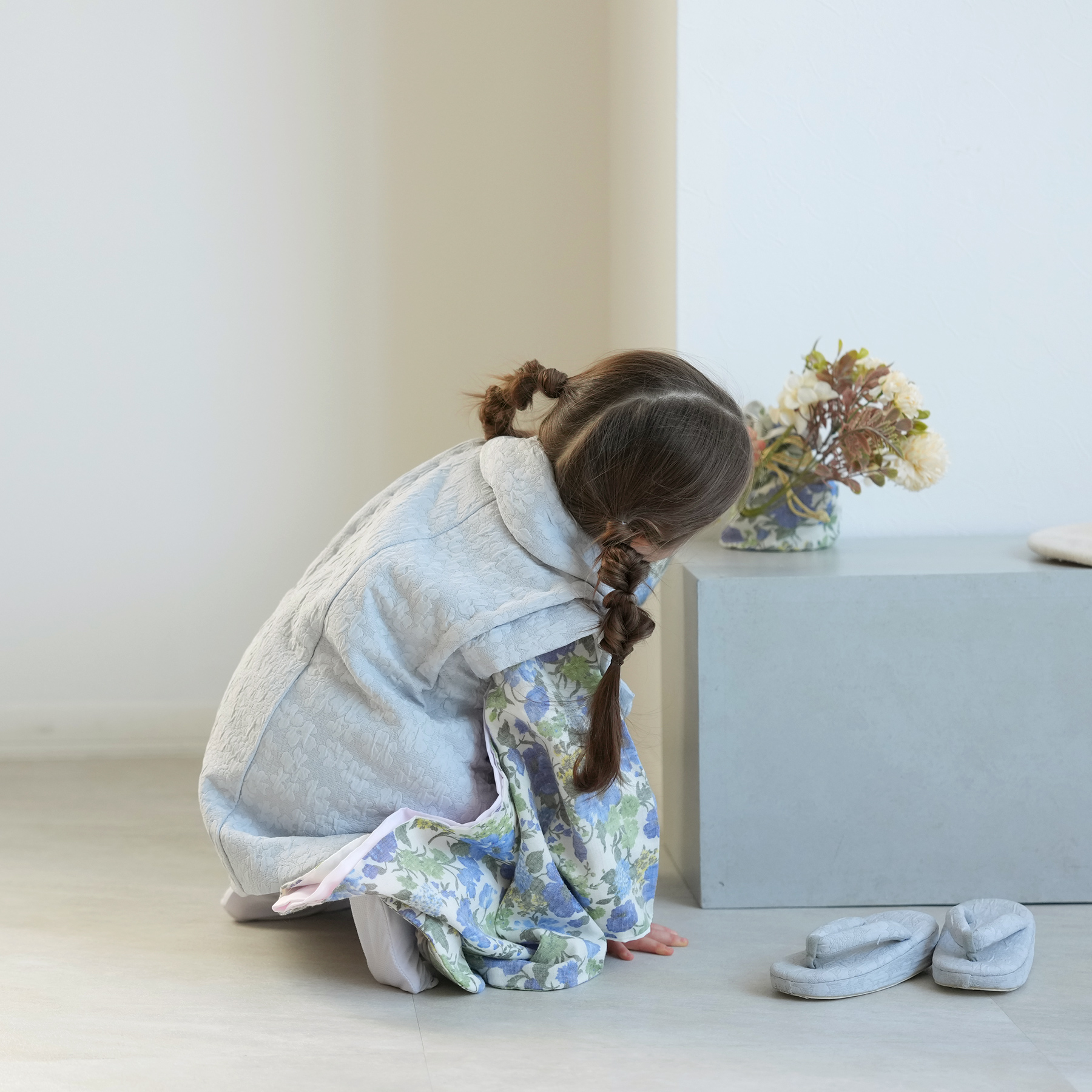 レンタル 七五三 3歳 女の子 被布 フルセット utatane レトロ 花柄 青