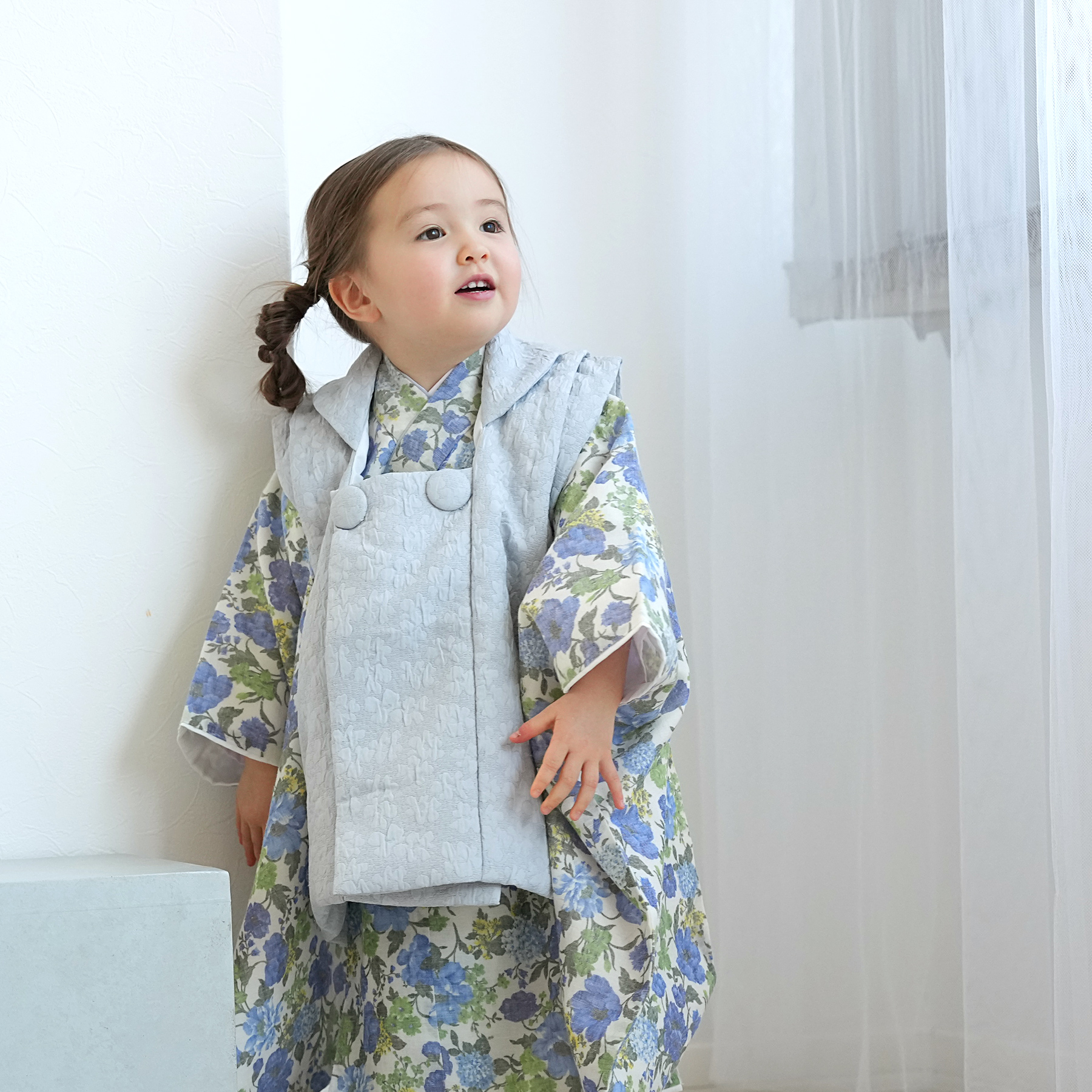 レンタル 七五三 3歳 女の子 被布 フルセット utatane レトロ 花柄 青