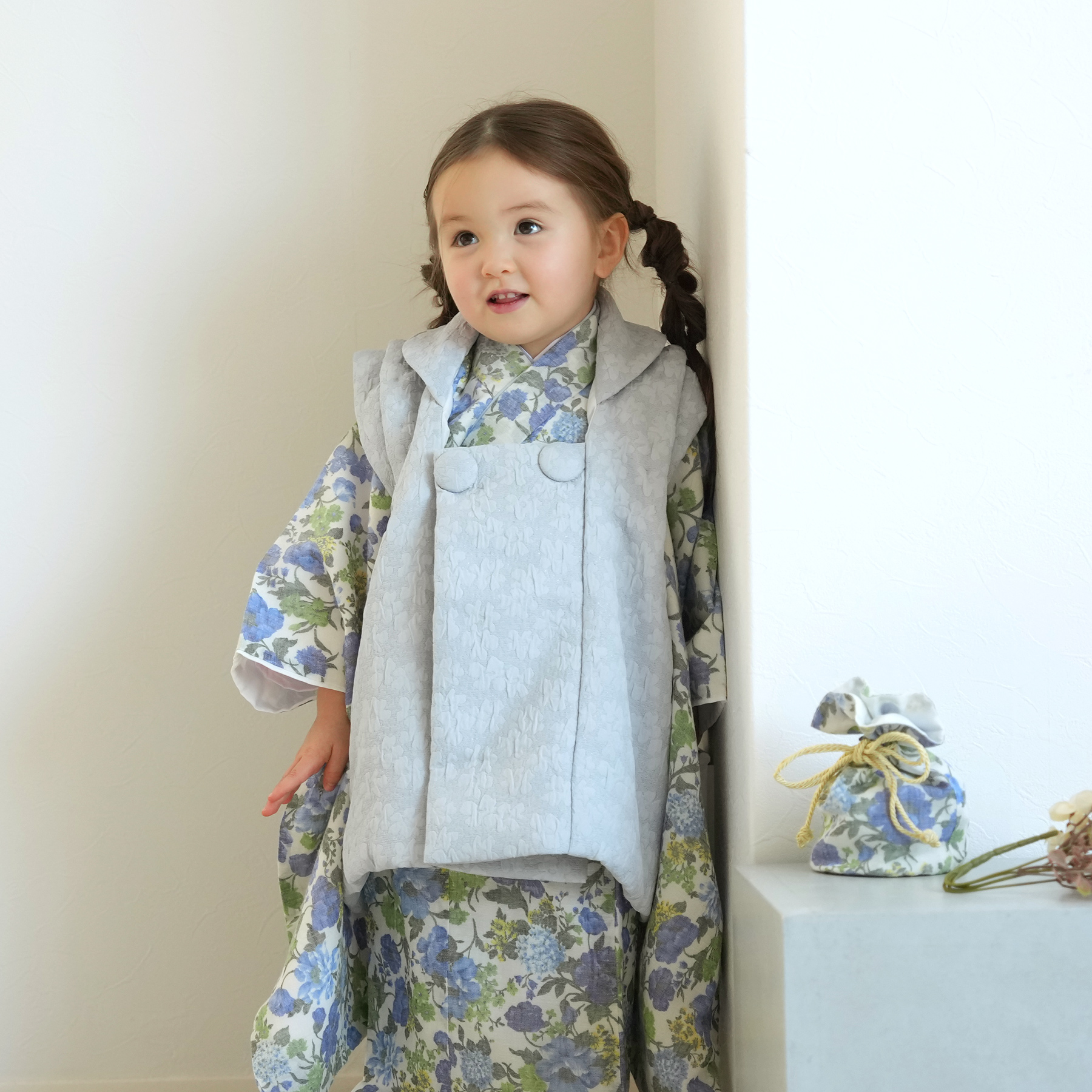 レンタル 七五三 3歳 女の子 被布 フルセット utatane レトロ 花柄 青