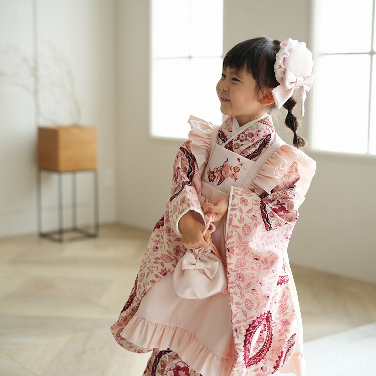 レンタル 七五三 3歳 女の子 フルセット 九重 レトロ モダン 花 ピンク