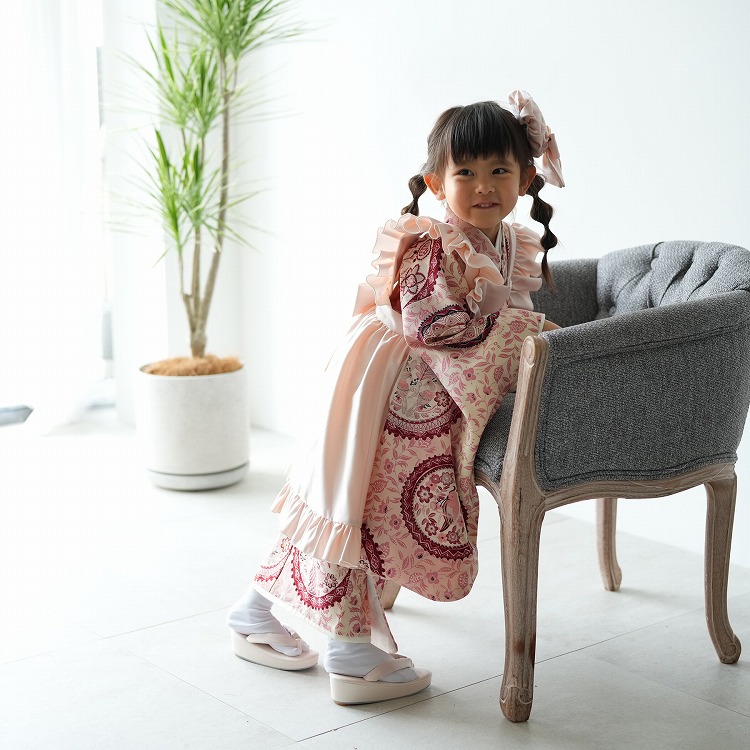 レンタル 七五三 3歳 女の子 フルセット 九重 レトロ モダン 花 ピンク