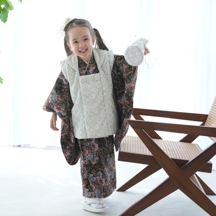 レンタル 七五三 3歳 女の子 七五三セット utatane レトロ レース 被布 三歳 三才 茶系 ブラウン ヴィンテージ風