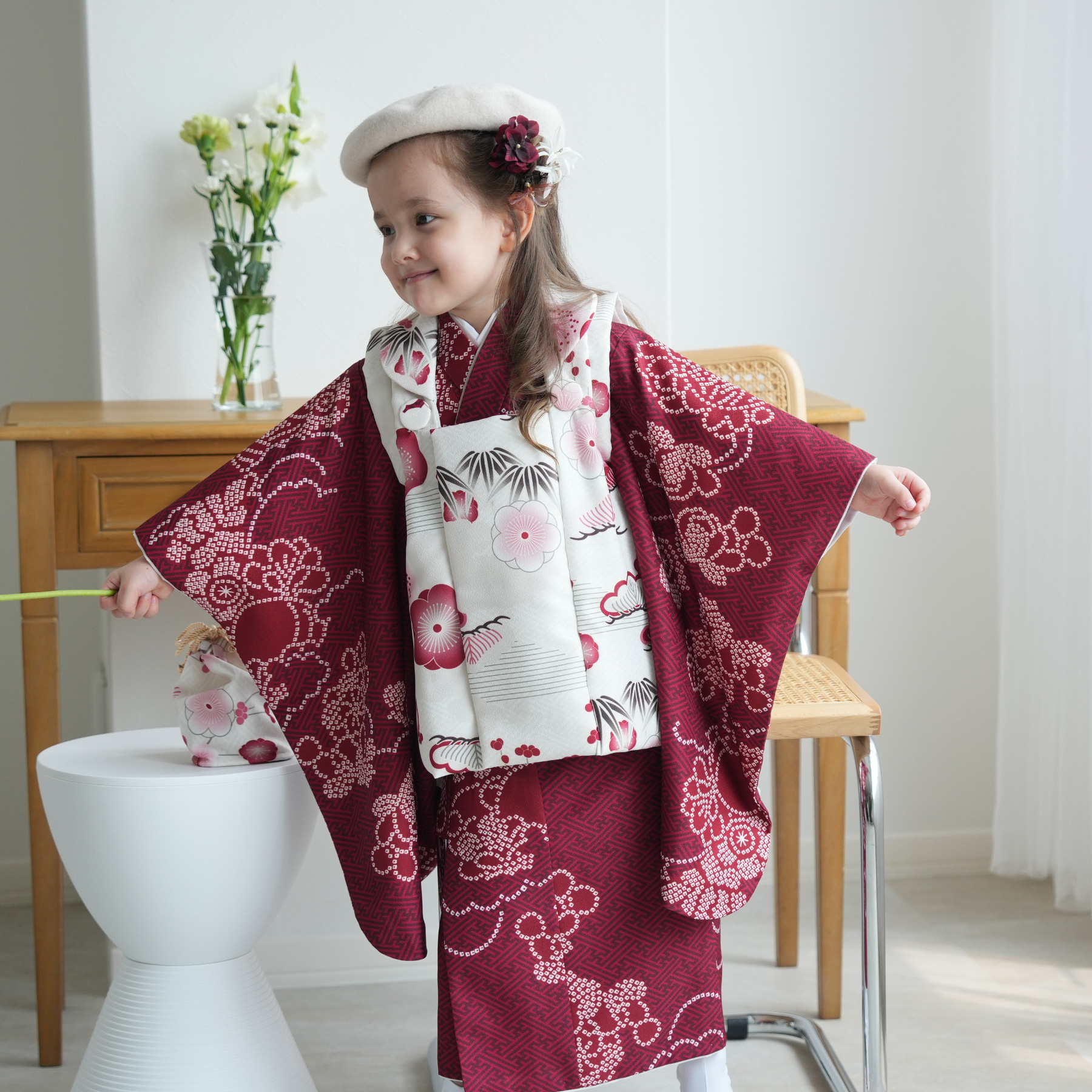レンタル 七五三 3歳 女の子 ひよこ商店 kids ベレー帽つき被布フル