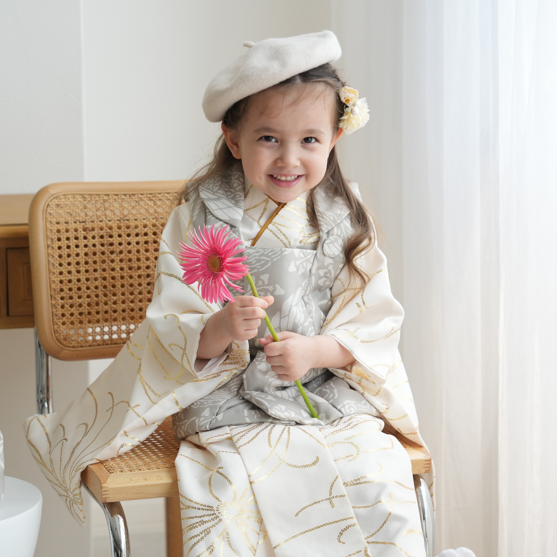 レンタル 七五三 3歳 女の子 ひよこ商店 ベレー帽 被布フルセット 灰緑