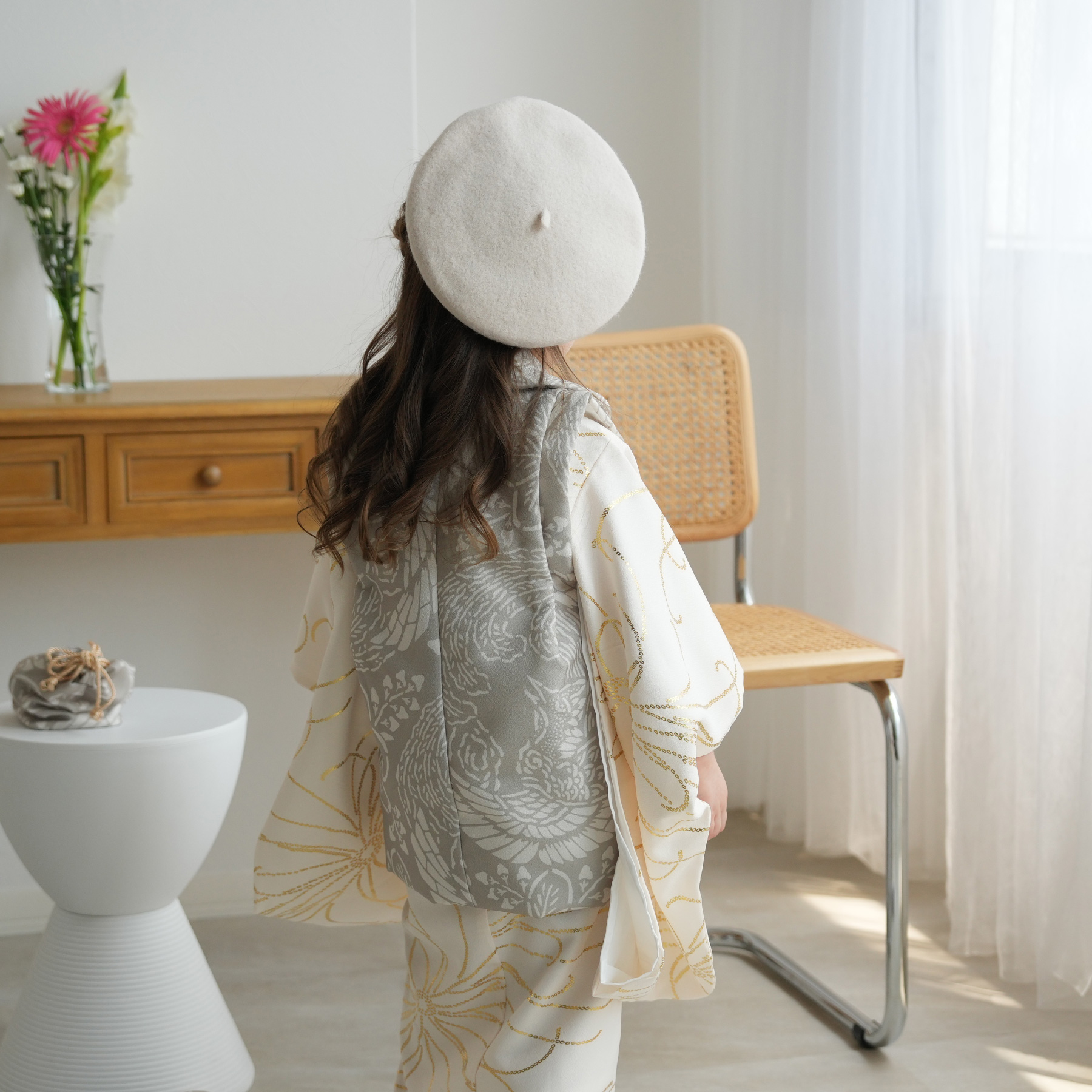 レンタル 七五三 3歳 女の子 ひよこ商店 ベレー帽 被布フルセット 灰緑