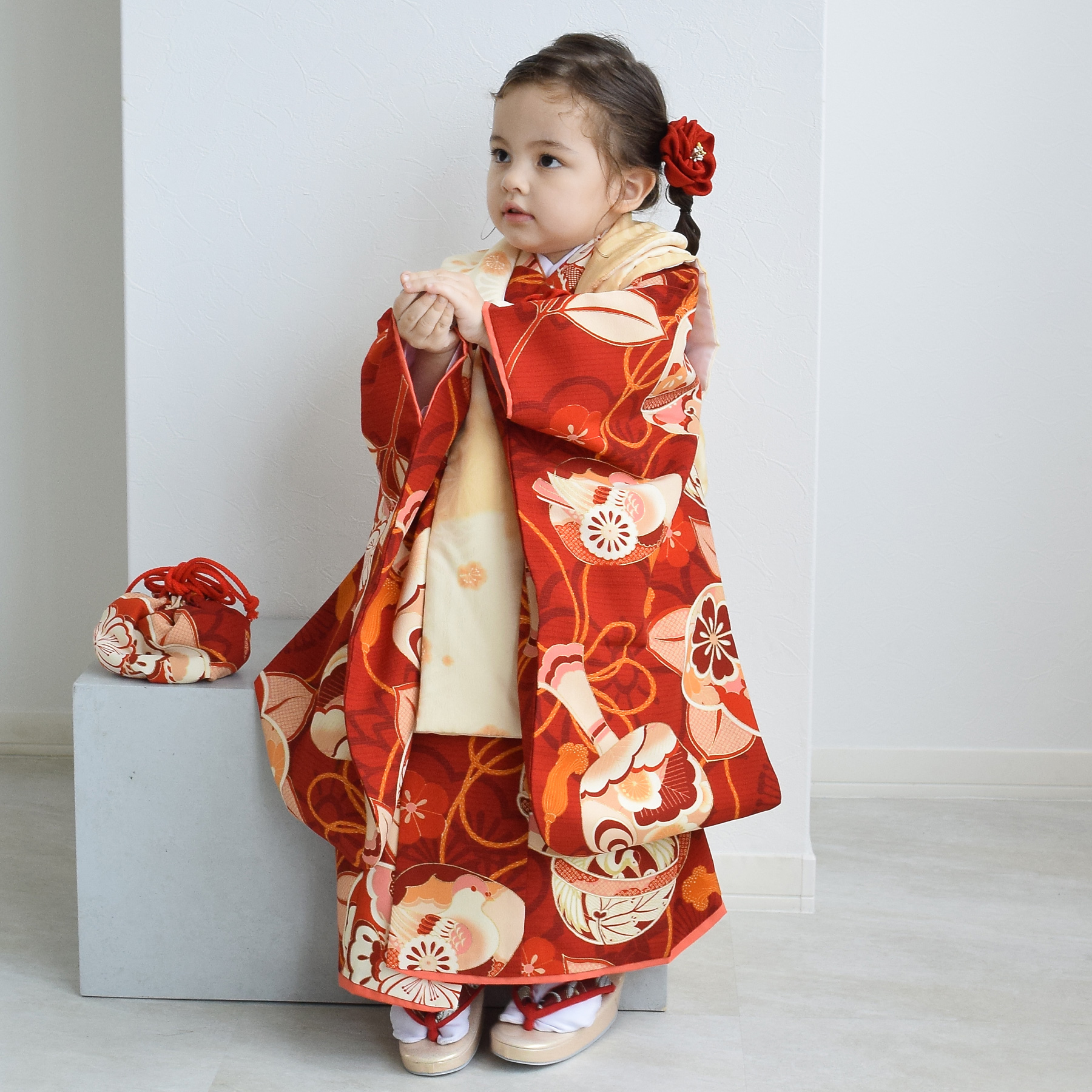 レンタル 七五三 3歳 女の子 京舞 雪輪に梅・薄橙 日本製 三歳 三才