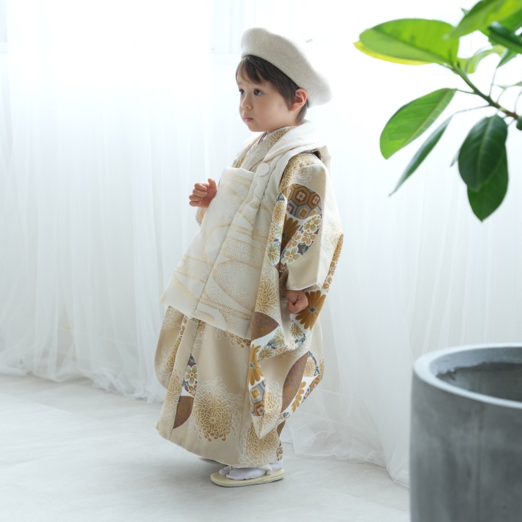 ひよこ商店　七五三着物 3歳男の子 被布セット ベージュ金彩×ミント七宝 レンタル】七五三着物 3歳男の子 被布セット ベージュ金彩