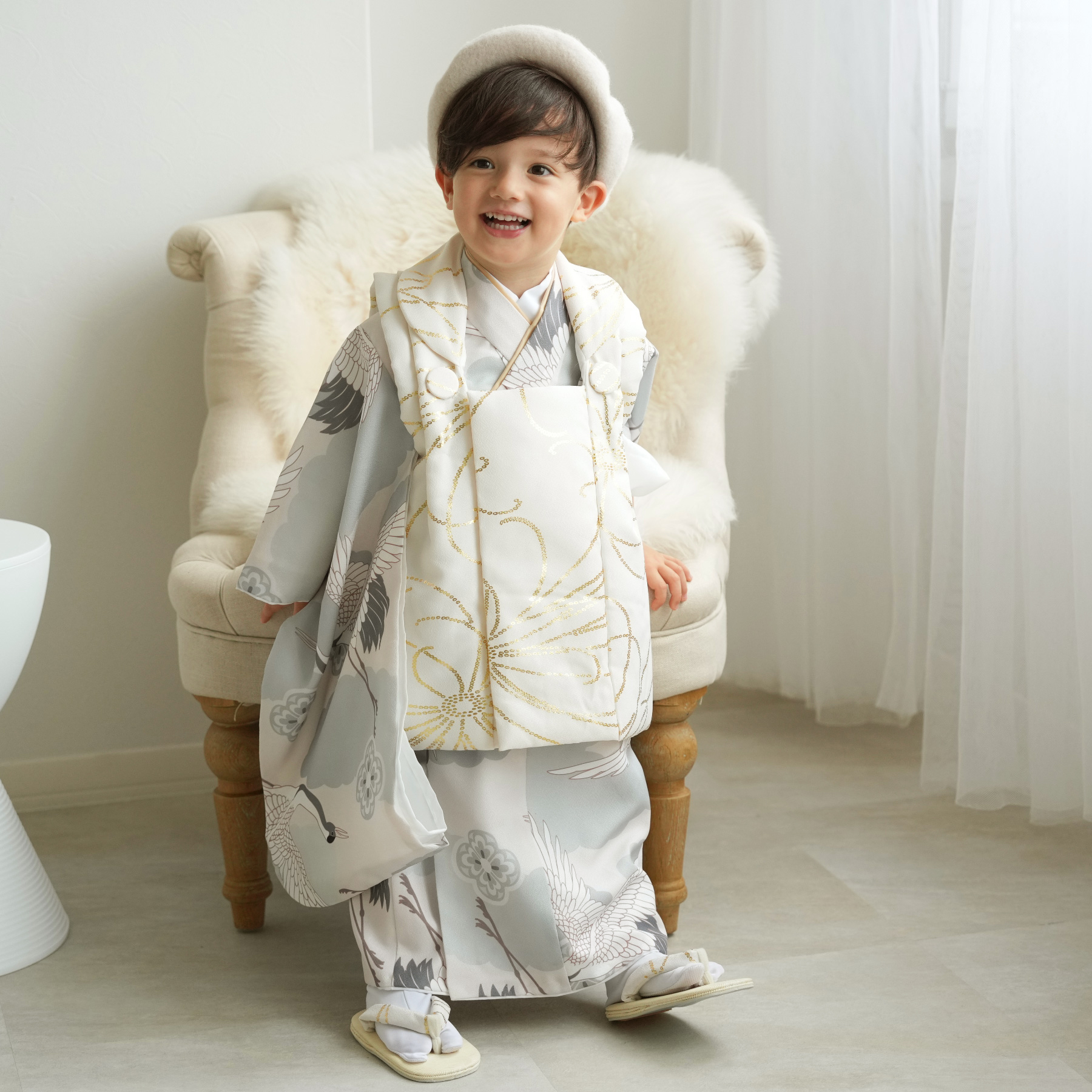 レンタル 七五三 3歳 男の子 ひよこ商店 kids 着物 ベレー帽つき被布