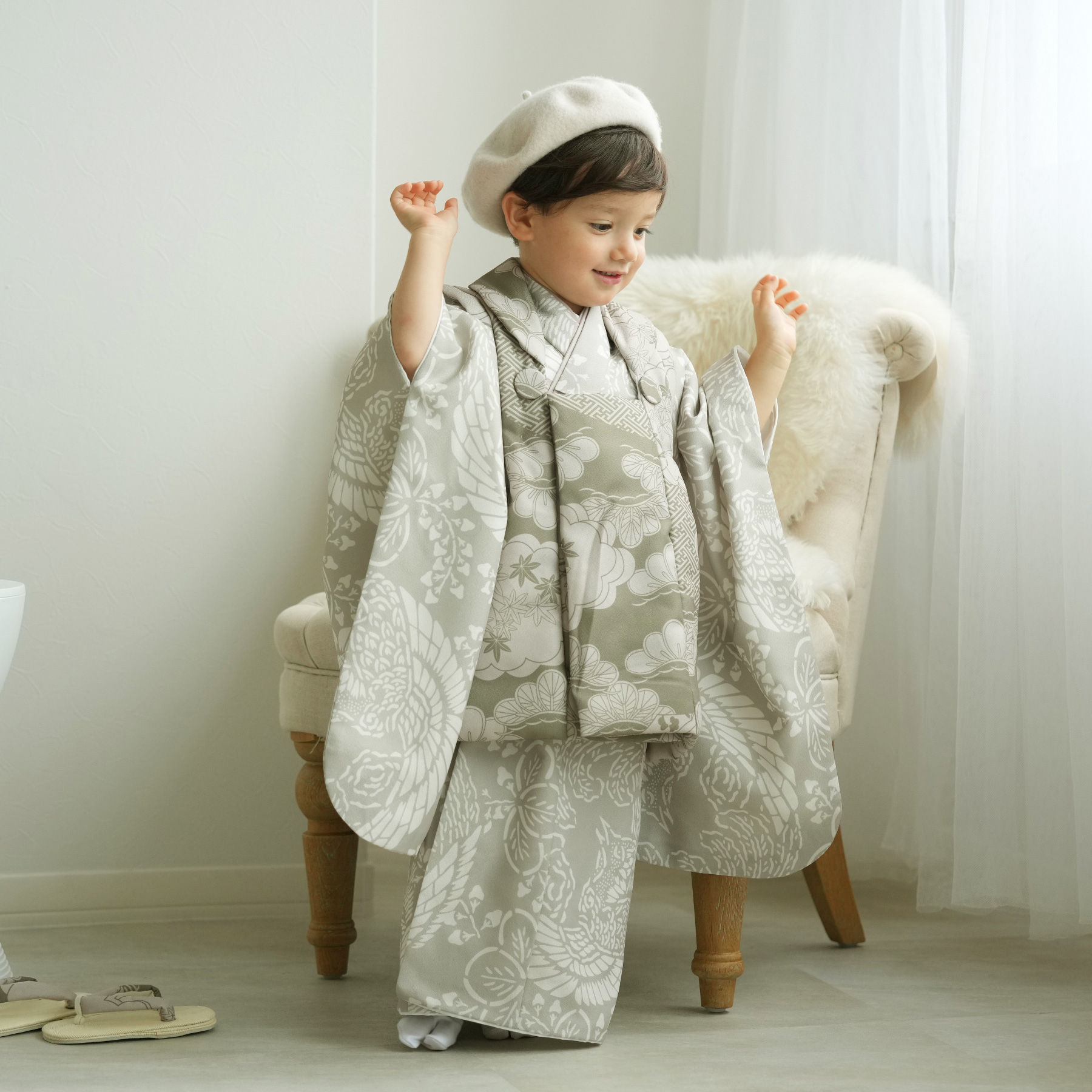 レンタル 七五三 3歳 男の子 ひよこ商店 着物 ベレー帽つき被布フル