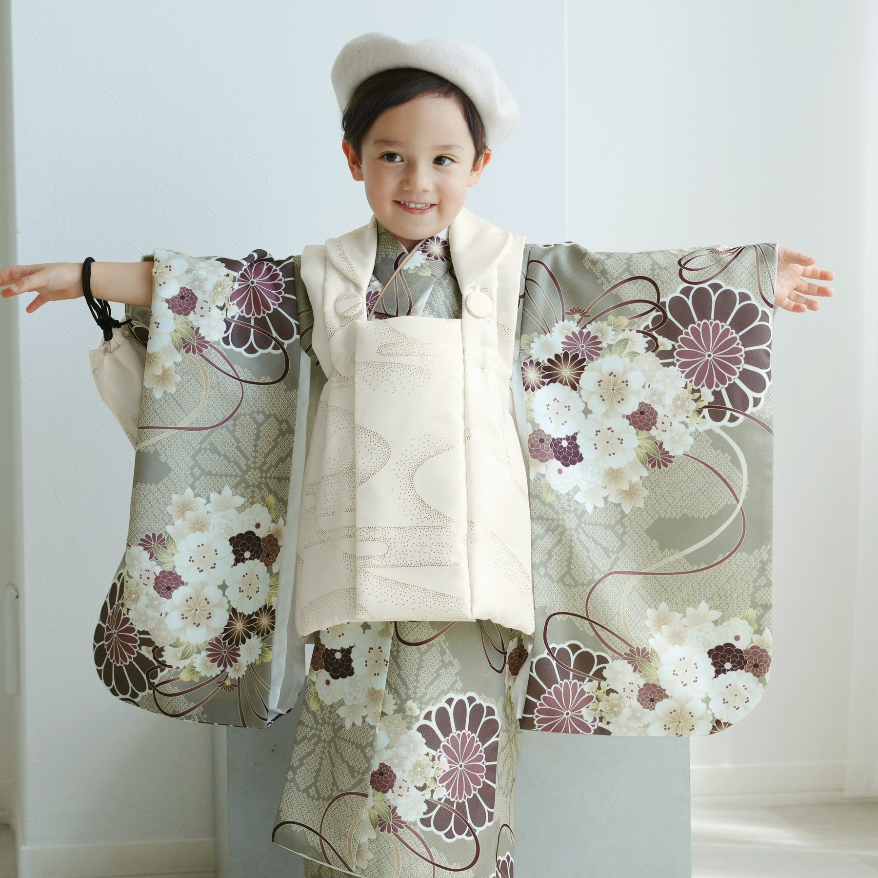 ひよこ商店 七五三 3歳 男の子 ベレー帽被布セット クリーム金彩×ミント吉祥鶴 レンタル 七五三 3歳 男の子 ひよこ商店 ベレー帽 被布フルセット