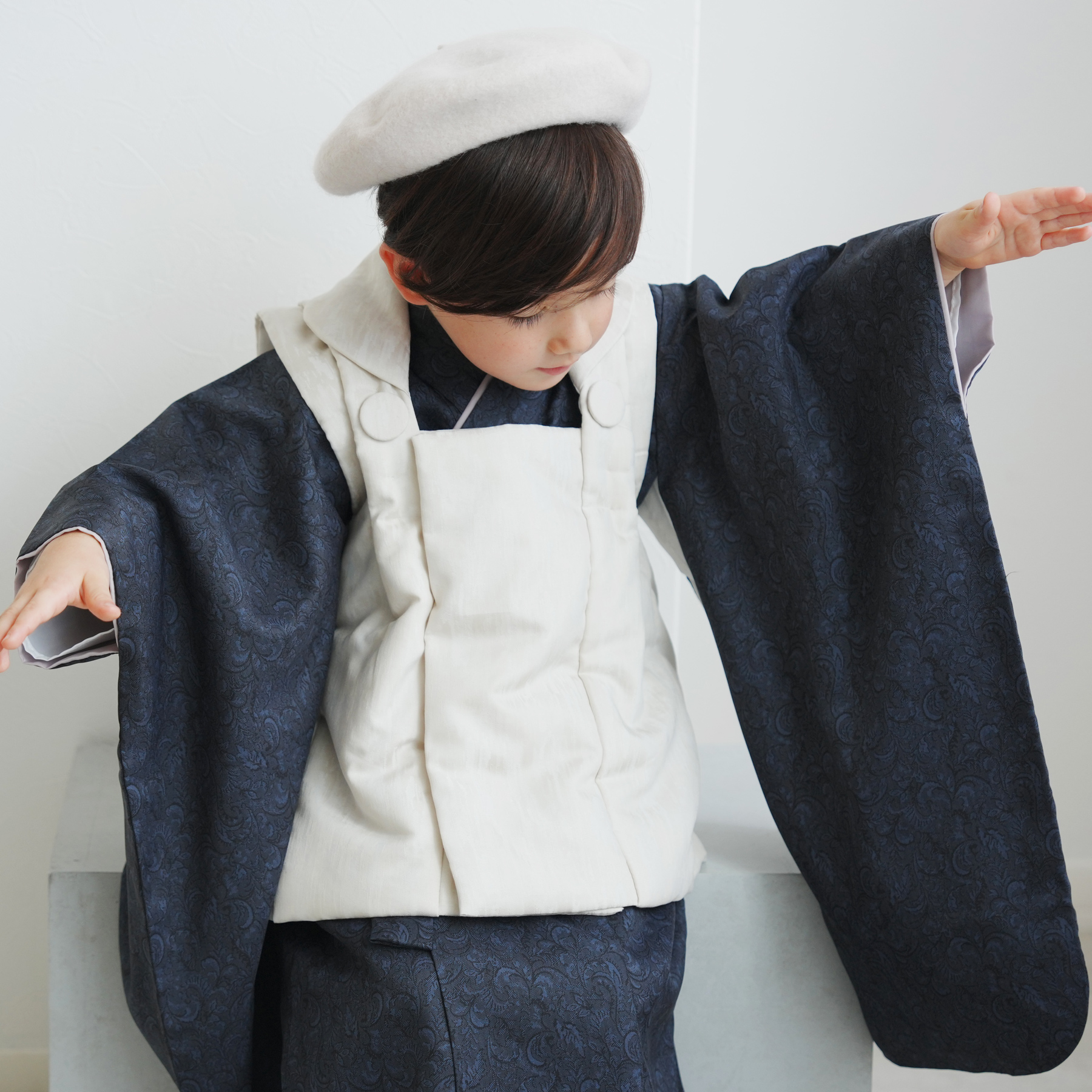 レンタル 七五三 3歳 男の子 ひよこ商店 ベレー帽 被布フルセット 象牙
