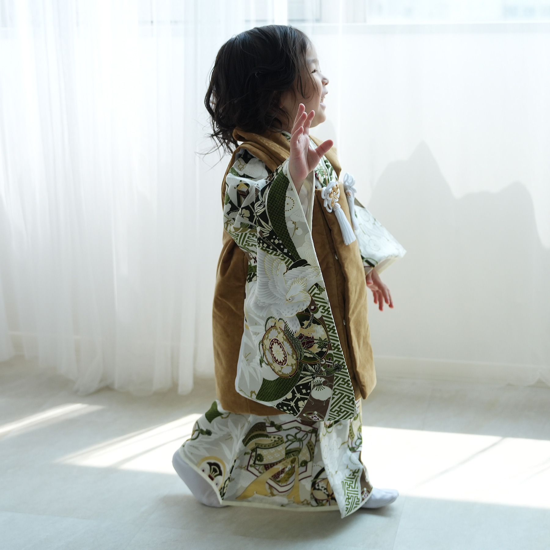 601ab36□七五三 三歳 男児 着物&被布 総刺繍 束ね熨斗に鷹□状態良好