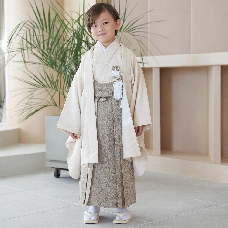 utatane 5歳 七五三 袴　ジャガードペイズリー オフホワイト×ベージュ utatane レンタル 七五三 5歳 男の子 レトロ ナチュラル ジャガード