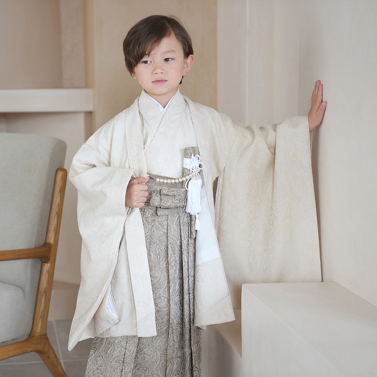 utatane 5歳 七五三 袴　ジャガードペイズリー オフホワイト×ベージュ utatane レンタル 七五三 5歳 男の子 レトロ ナチュラル ジャガード