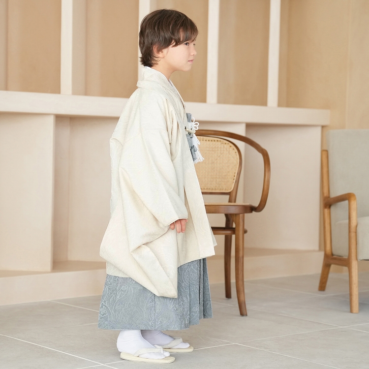 七五三5歳男児 七五三 着物 男の子 5歳 羽織袴セット 「白練色 七宝」 フル