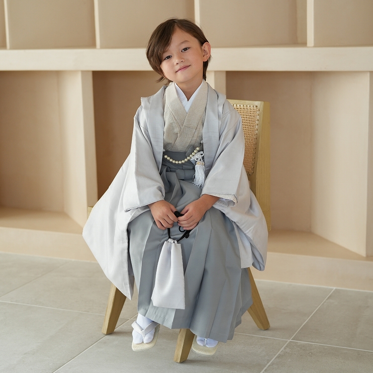 七五三 5歳 着物セット グレー着物 ストライプ袴 レンタル 七五三 5歳 着物 男の子 袴 フルセット かぷり レトロ モダン