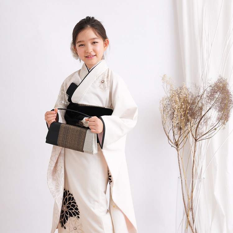 レンタル 七五三 着物 7歳 セット JAPAN STYLE レトロ モダン 花 白系
