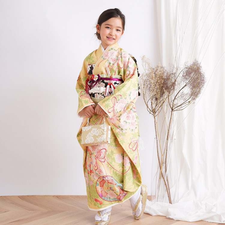 ★未使用品★古今ジュニア 七五三 7歳着物 ワイン地 古典花柄 ⑦-7 レンタル 七五三 着物 7歳 セット 華徒然 レトロ 花 黄系 古典 桜 貝桶