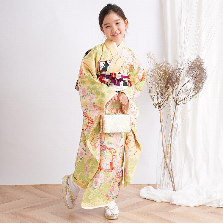 レンタル 七五三 着物 7歳 セット 華徒然 レトロ 花 黄系 古典 桜 貝桶