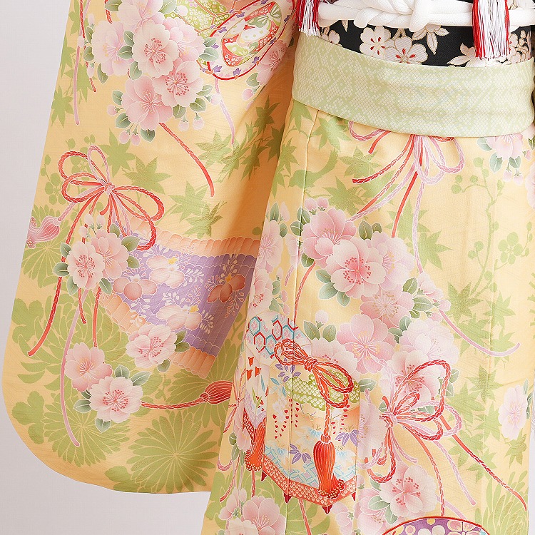 レンタル 七五三 着物 7歳 セット 華徒然 レトロ 花 黄系 古典 桜 貝桶