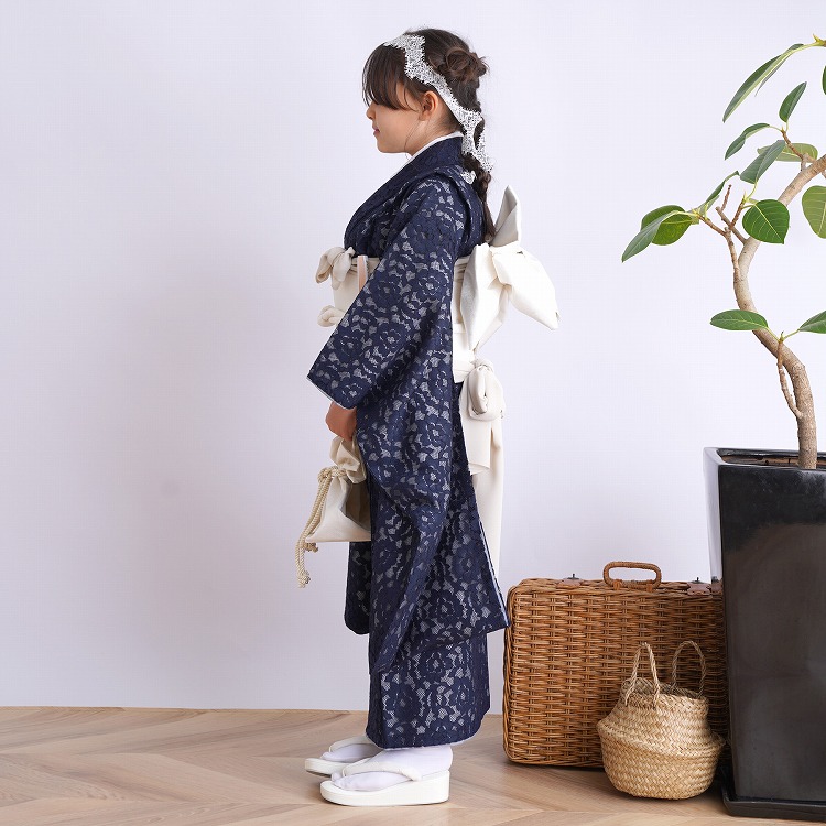 レンタル 七五三 着物 7歳 女の子 utatane レトロ レース 紺系