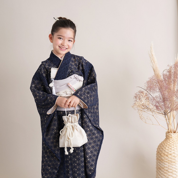 レンタル 七五三 着物 7歳 女の子 utatane レトロ レース 濃紺