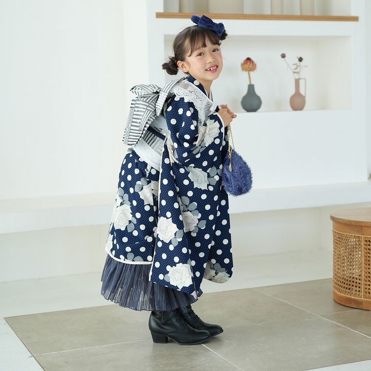 レンタル 七五三 7歳 セット シュセット レトロモダン系 水玉 紺 レンタル 七五三 7歳 セット シュセット レトロモダン系 水玉 紺