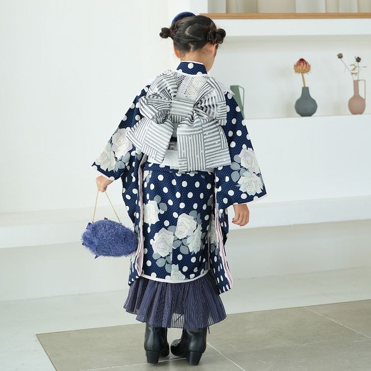 レンタル 七五三 7歳 セット シュセット レトロ モダン 水玉 紺系 七歳