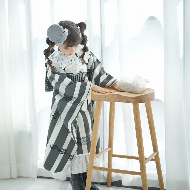 レンタル 七五三 着物 7歳 セット シュセット レトロ ストライプ 黒系