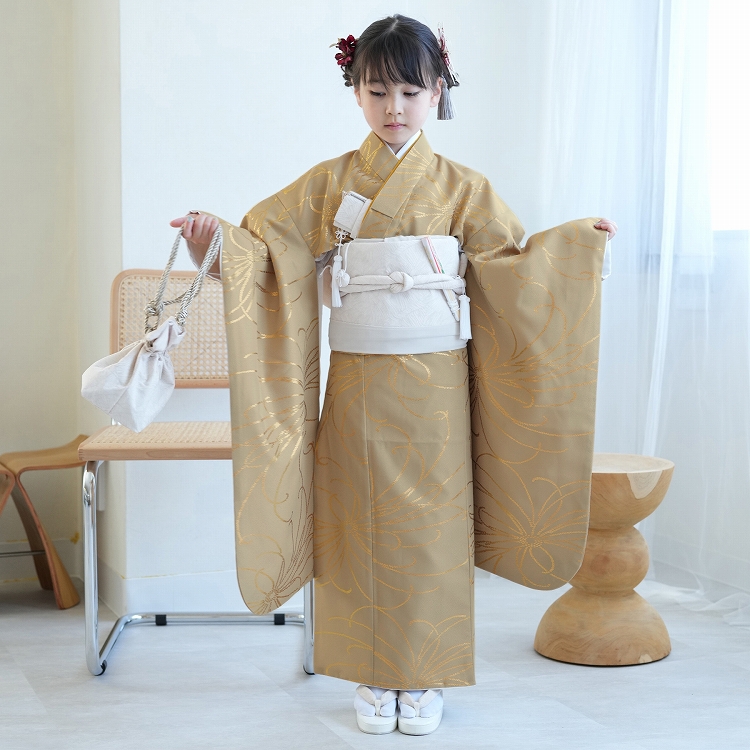 レンタル 七五三 着物 7歳 ひよこ商店 古典柄 レトロ 四つ身 花 茶系