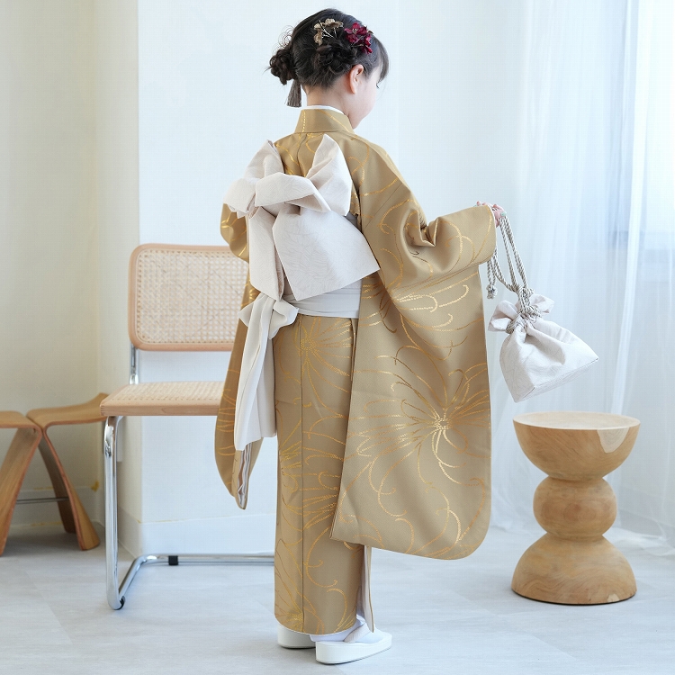 レンタル 七五三 着物 7歳 ひよこ商店 古典柄 レトロ 四つ身 花 茶系